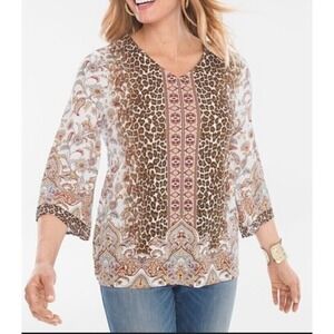 Chicos Womens Size 3 XL Leopard Floral Mixed Print V-Neck Tunic 3/4 Sleeve Top